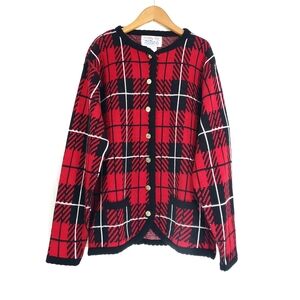 Vintage Red Black Plaid Tartan Cardigan Sweater Holiday Eclectic Classic